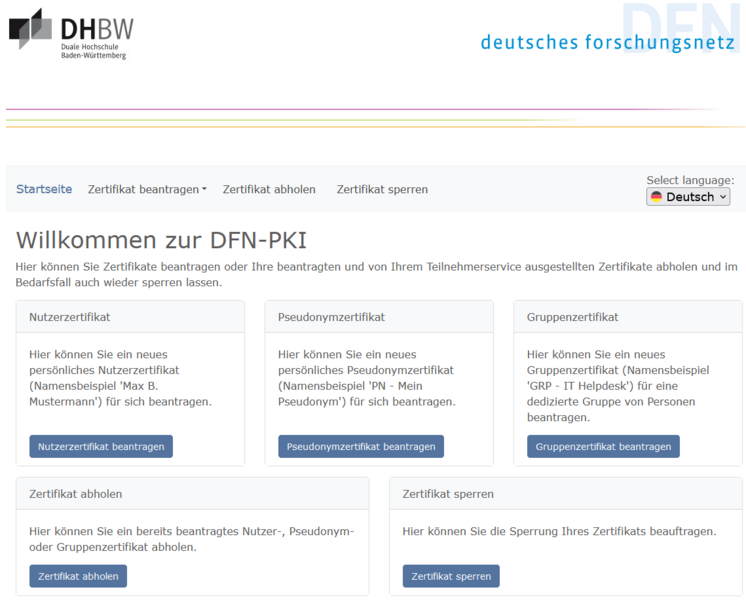 Startseite der DFN-PKI für die DHBW Ravensburg