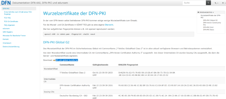 Downloadseite DFN-Root-Zertifikat